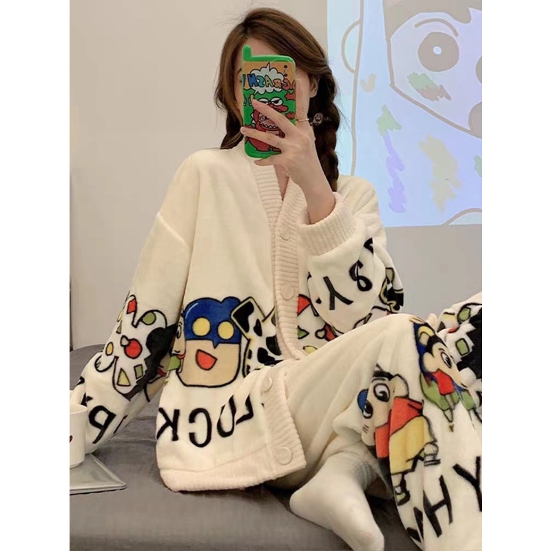 Bộ Đồ Ngủ Tay Dài Chất Nỉ Dày Dặn In Họa Tiết Hoạt Hình Dễ Thương Thời Trang Thu Đông