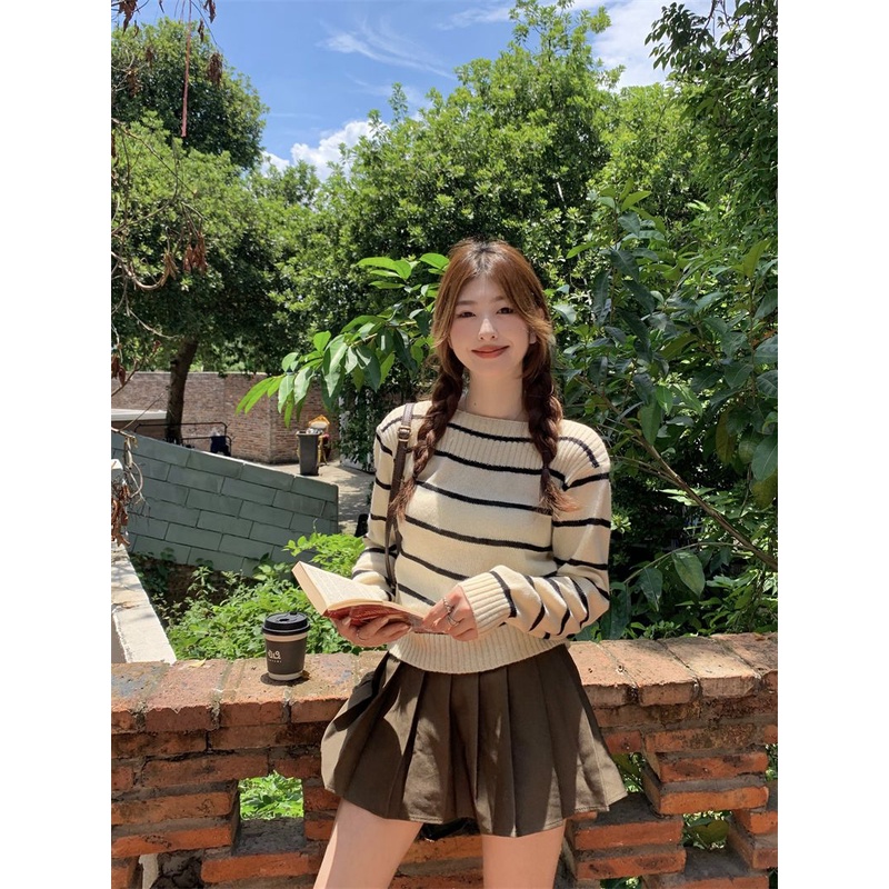 Zhainvchaoyi Áo sweater Dệt Kim Kẻ Sọc Thời Trang Đơn Giản Cho Nữ