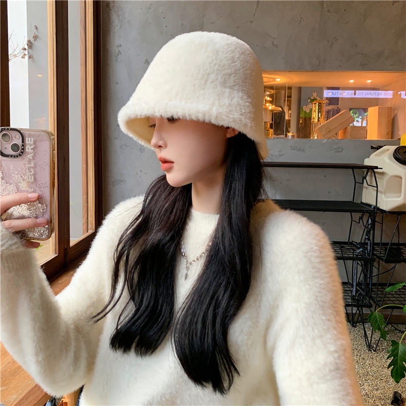 Nón Tai Bèo Phủ Lông Giữ Ấm Màu Trơn Phong Cách Nhật Bản Thời Trang Thu Đông Dành Cho Nữ Đen