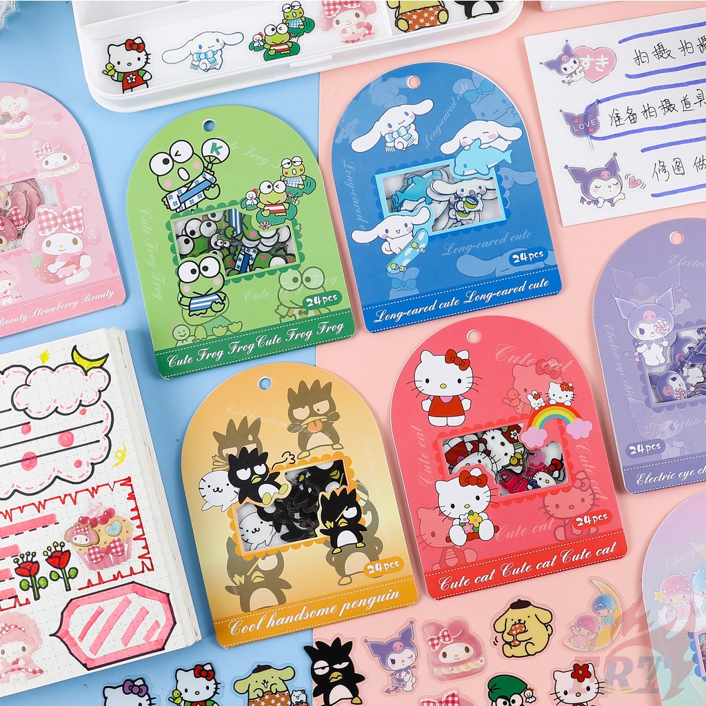 SANRIO ❣️Bộ 24 Miếng Dán Trong Suốt Hình hello kitty / my melody / kuromi / cinnamoroll❣️Tự Làm Nhật Ký Sổ Lưu Niệm Trang Trí Đề Can Dán