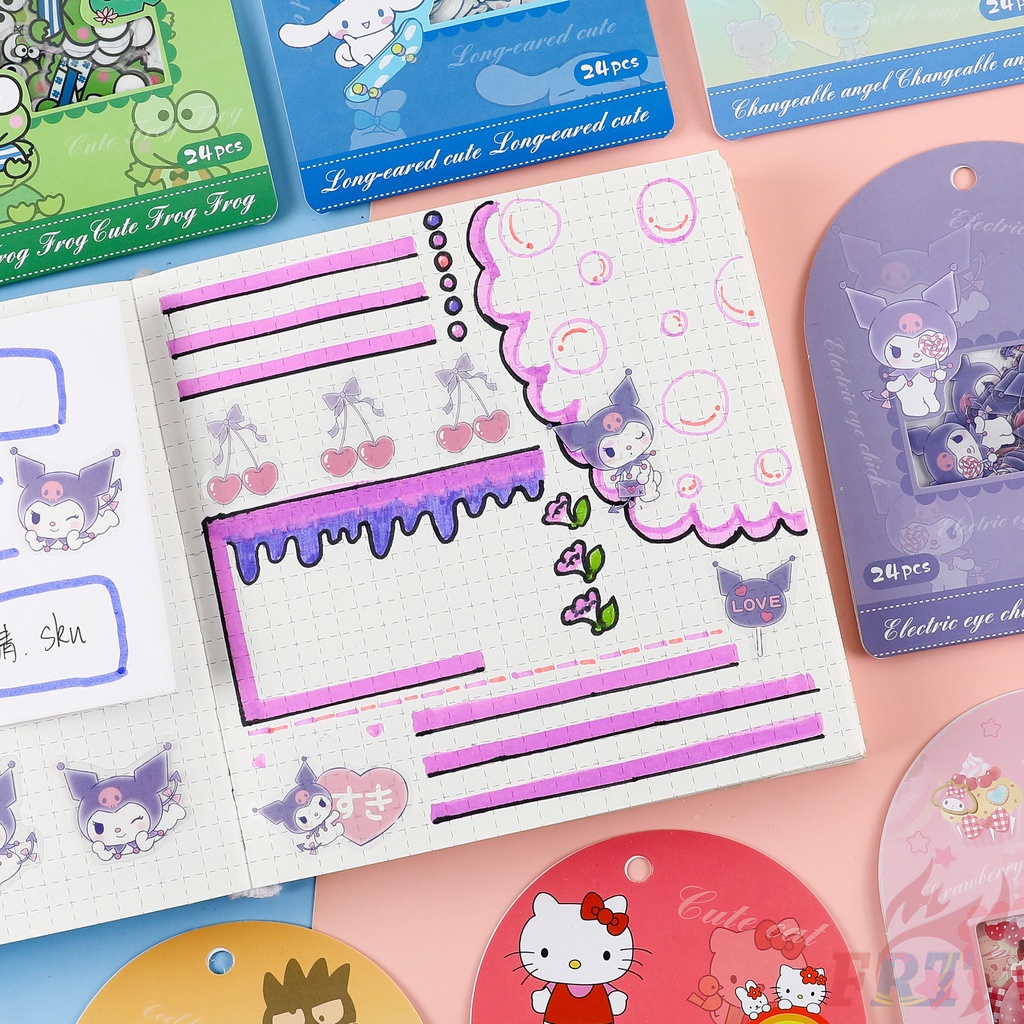 SANRIO ❣️Bộ 24 Miếng Dán Trong Suốt Hình hello kitty / my melody / kuromi / cinnamoroll❣️Tự Làm Nhật Ký Sổ Lưu Niệm Trang Trí Đề Can Dán