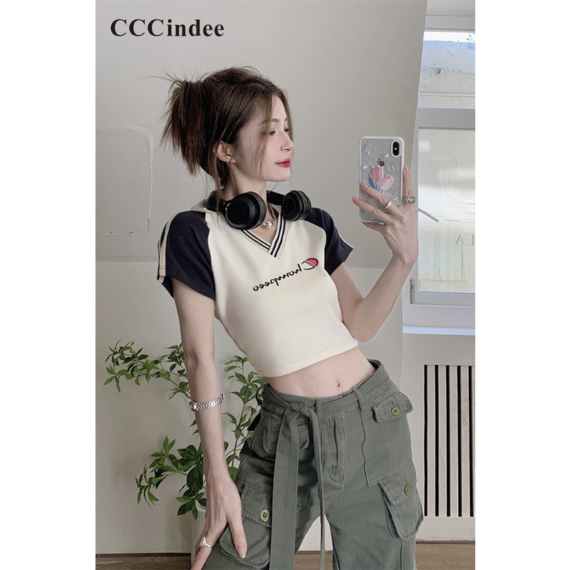 Áo Thun Polo Tay Ngắn Cổ Chữ V Dáng Ôm Phối Màu Tương Phản Thời Trang 2023 Cho Bạn Gái