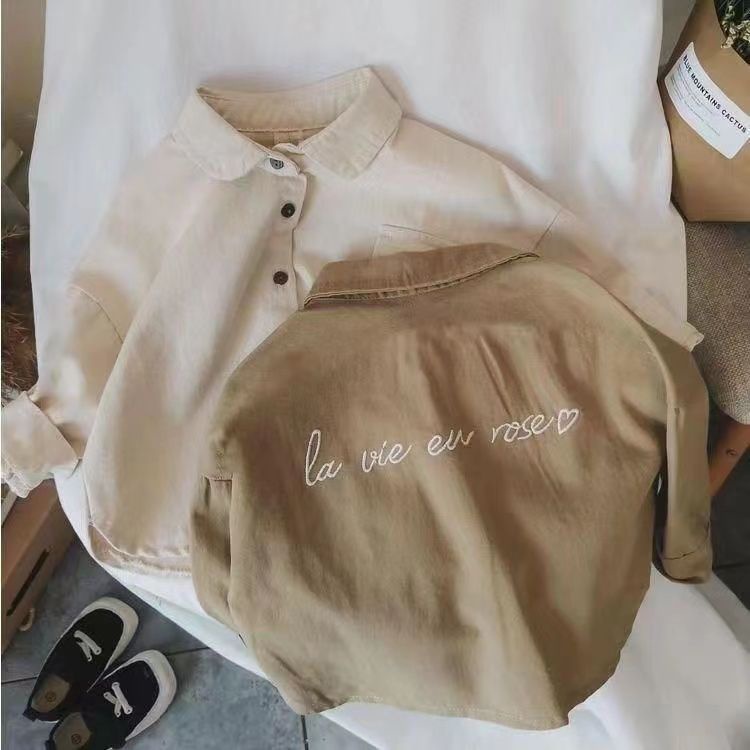 Áo Khoác Sơ Mi Tay Dài Dáng Rộng Màu Trơn In Chữ Thời Trang Hàn Quốc 2023 Cho Bé Trai