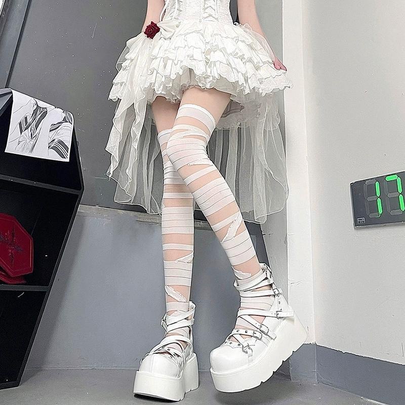 Japanese Lolita Black and White Bandage Stockings for Girls' New JK Uniform Cross Tie Long Tube Knee Length Stockings