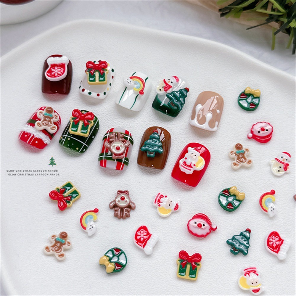 ♕ 20 cái Nail Art Giáng sinh Đồ trang sức dạ quang Ba chiều Santa Elk Nhựa Kim cương Phim hoạt hình dễ thương Trang trí móng tay Công cụ làm móng tay cho cửa hàng làm móng NỘI THẤT