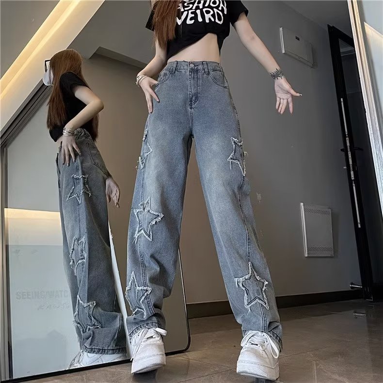 Daduhey Quần Jean Dài Ống Rộng Dáng Suông Thêu Ngôi Sao Màu Xanh Dương Cho Nữ