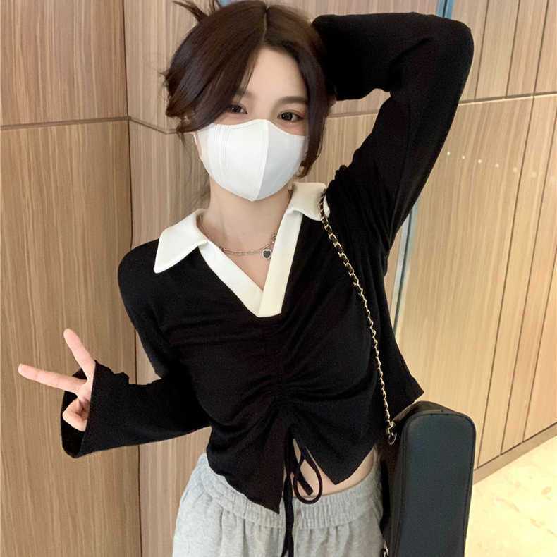 Áo Thun polo Tay Dài Ôm Dáng Phối Dây Rút Thời Trang Mùa Thu 202 Cho Nữ
