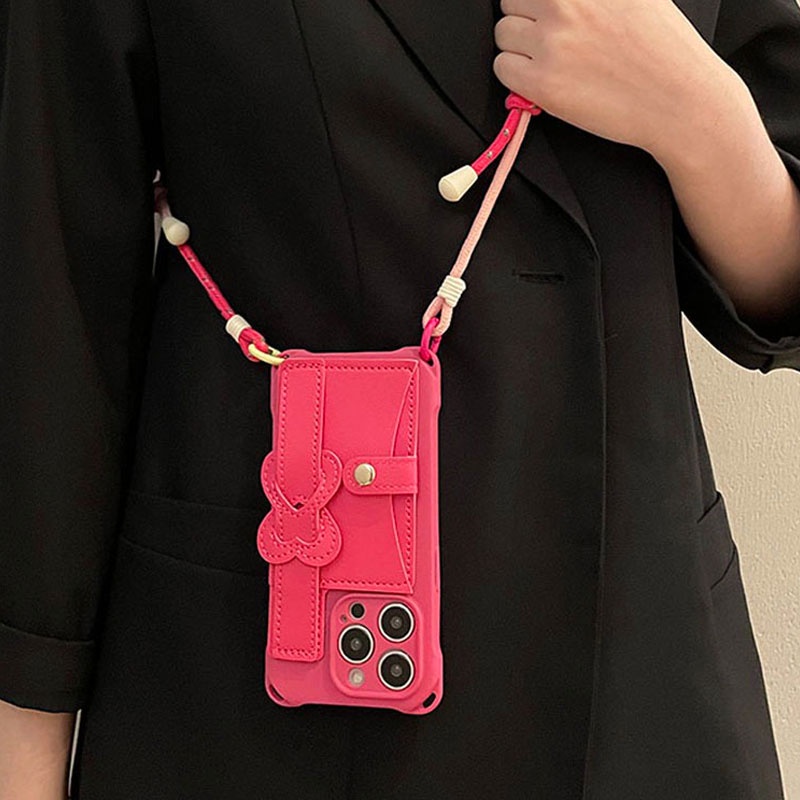 Fashion Rose Red Wrist Strap Card Bag for IPhone 15 13 15promax New 14 13 12 Pro Soft Phone Phone Case 13 11 Promax  11 With a lanyard Card Insertion Phone Back Cover