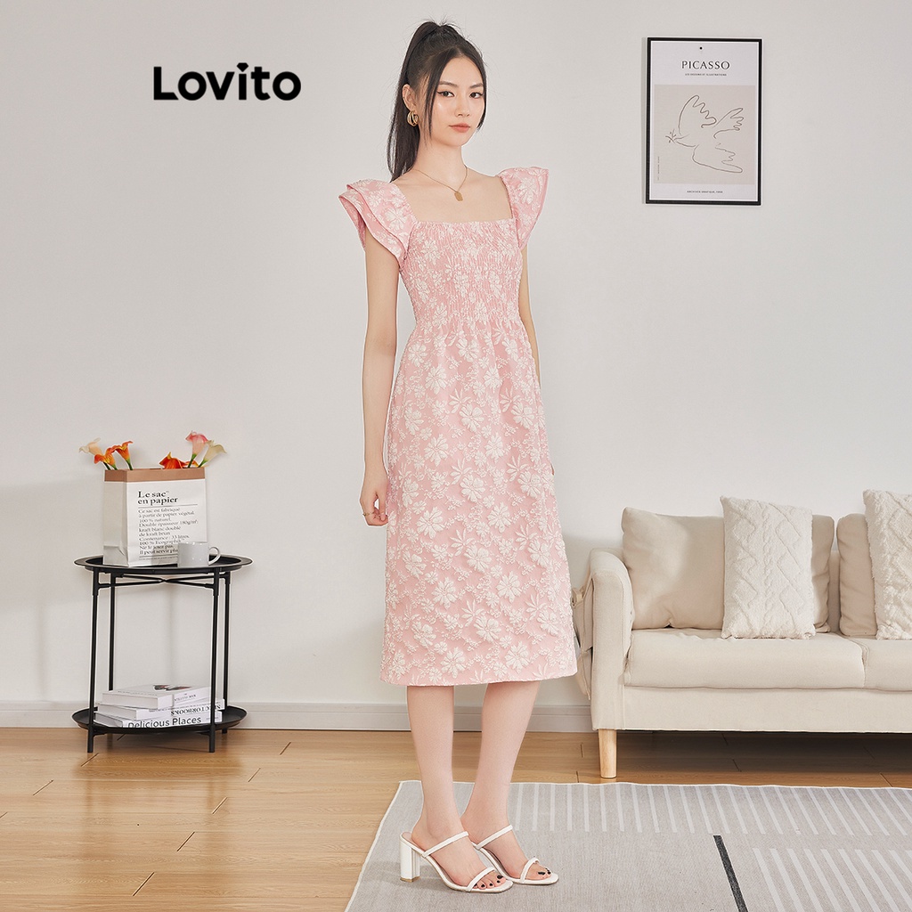 Đầm Lovito xếp nếp dún thun họa tiết hoa thanh lịch cho nữ L62ED173