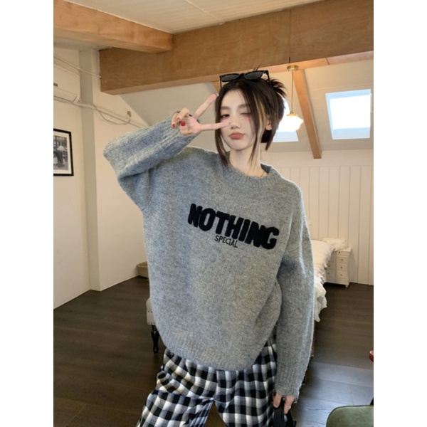 NZN Áo sweater Dệt Kim Tay Dài Dáng Rộng Hoạ Tiết Chữ Thêu Thời Trang Mùa Thu