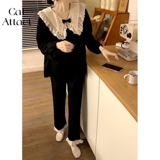 Bộ Đồ Ngủ Tay Dài Đính Nơ Màu Đen Đơn Giản Thời Trang Xuân Thu Cho Nữ