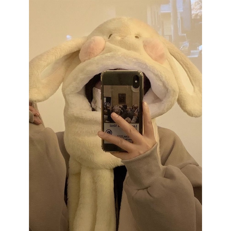 Bộ Ba Món Gồm Nón + Găng Tay + Khăn Choàng + Khăn Choàng Tai Thỏ Bằng Vải Lông Dày Dặn Ấm Áp Dễ Thương Cho Nữ