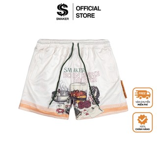 Quần đùi vải lưới 100% mesh in hình - born broke die rich mesh short in cream