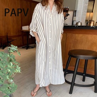 Đầm Sơ Mi Cổ polo Dáng Rộng Dài Tay Kẻ Sọc Tương Phản Thời Trang Sành Điệu 8063
