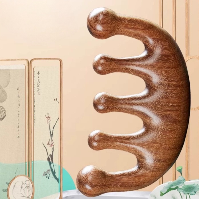 Lược Gỗ Đàn Hương Đầu Tròn Năm Răng Dùng Mát Xa Cơ Thể