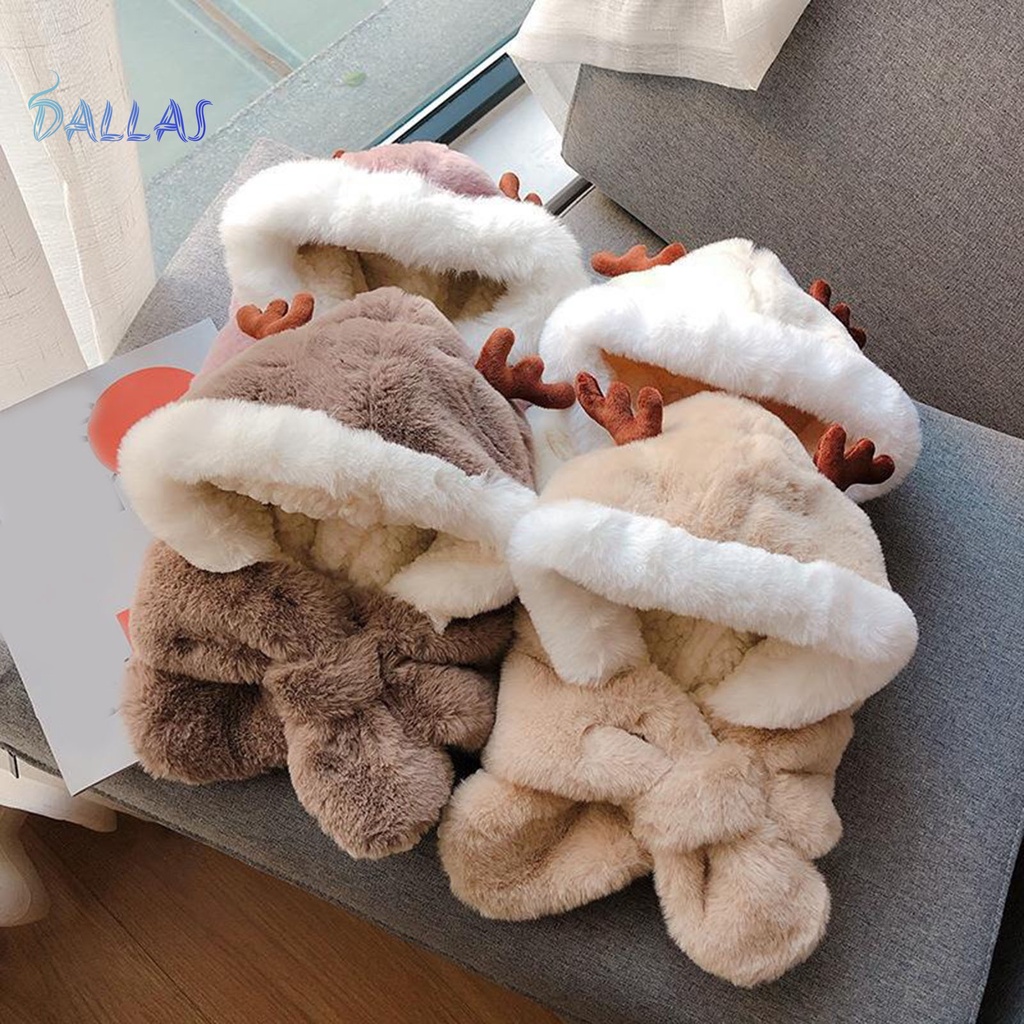 Mũ Trùm Đầu Vải Lông Dày Mềm Mại Giữ Ấm Tai Và Khăn Choàng Cổ Trang Trí Sừng Hươu Mùa Đông unisex