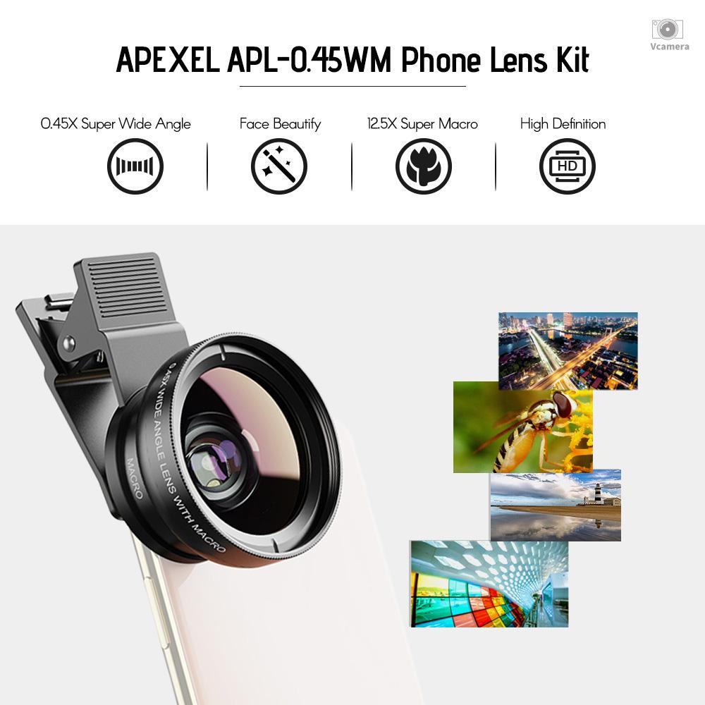 Ống kính góc rộng macro thương hiệu APEXEL APL-0.45WM 0.45X dạng kẹp điện thoại tiện lợi