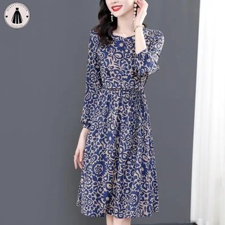 Váy mới nữ tính váy cổ tròn sứ xanh trắng