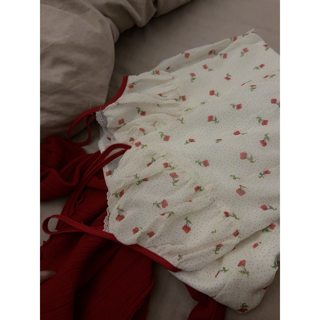 Đầm Hai Dây Mỏng Họa Tiết Hoa Anh Đào Dễ Thương Phong Cách Mùa Hè Nóng Bỏng Cho Nữ