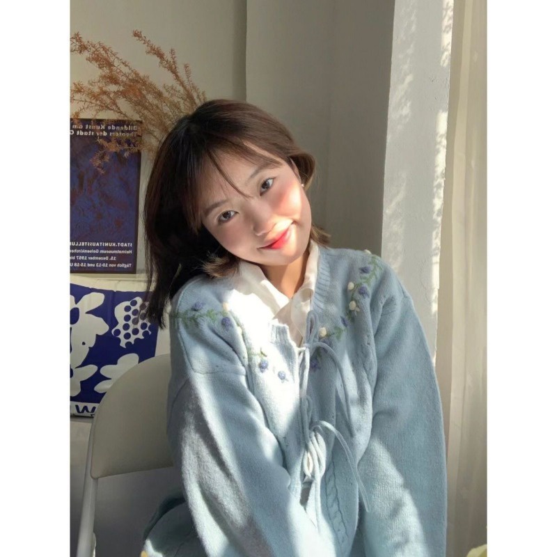 Áo Khoác cardigan Dệt Kim Tay Dài Cột Dây In Hoa Thời Trang Mùa Thu Thanh Lịch
