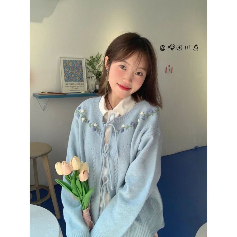 Áo Khoác cardigan Dệt Kim Tay Dài Cột Dây In Hoa Thời Trang Mùa Thu Thanh Lịch