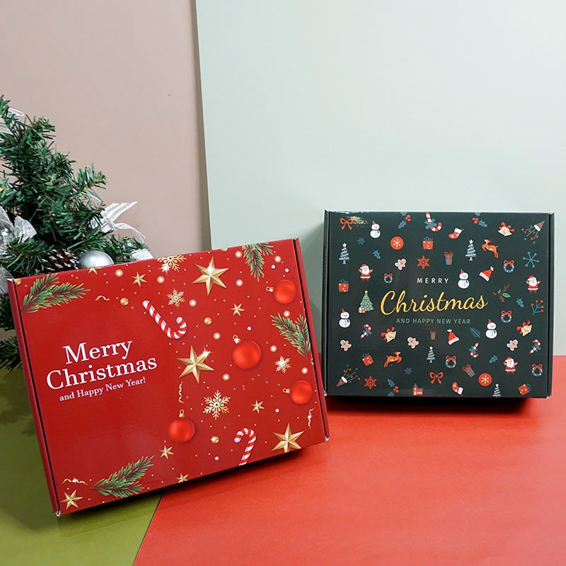 Hộp giấy đựng quà giáng sinh noel nắp gài H30 kèm rơm 20x25x8cm cứng cáp, hoạ tiết in sắc nét