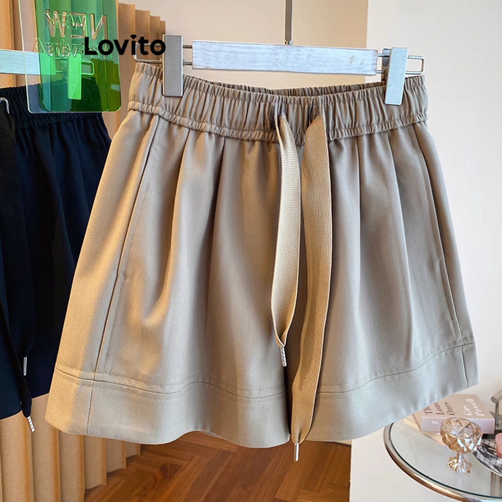 Quần short Lovito buộc dây màu trơn thường ngày cho nữ LNE21061 (Màu kaki)