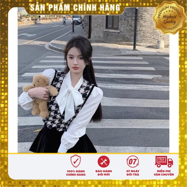 VS21 Vivi Shop Set Dạ 2 Món Áo Gile Kẻ Liền Sơ Mi Trong Siêu Dễ Thương phong Cách Hàn Quốc Có Ảnh Thật