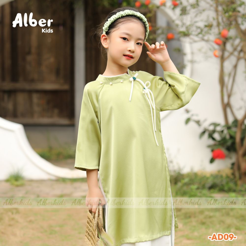 Áo dài bé gái AN LẠC 3 màu sắc Xanh, hồng, đỏ  ALBERKIDS cho trẻ em 3,4,5,6,7,8,9,10,11,12 tuổi AD09