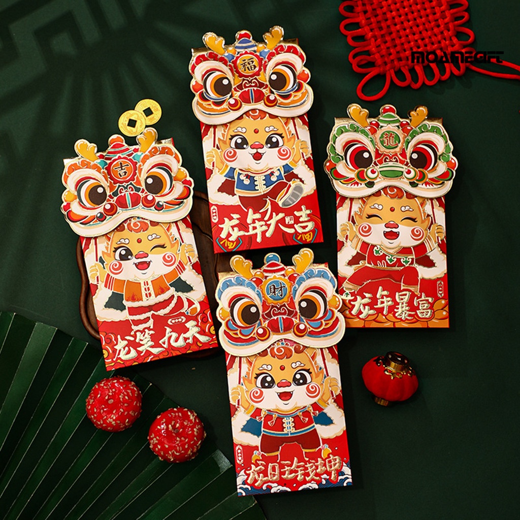 Set 4 Bao Lì Xì Đỏ Hình Rồng Hoạt Hình Phong Cách Trung Hoa May Mắn Cho Năm Mới May Mắn