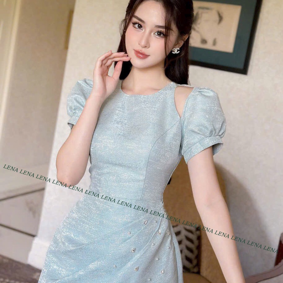 Đầm dự tiệc khoét vai đính đá, Váy nữ thiết kế dáng ngắn chất gấm kim tuyến trẻ trung sang trọng LENA 3060