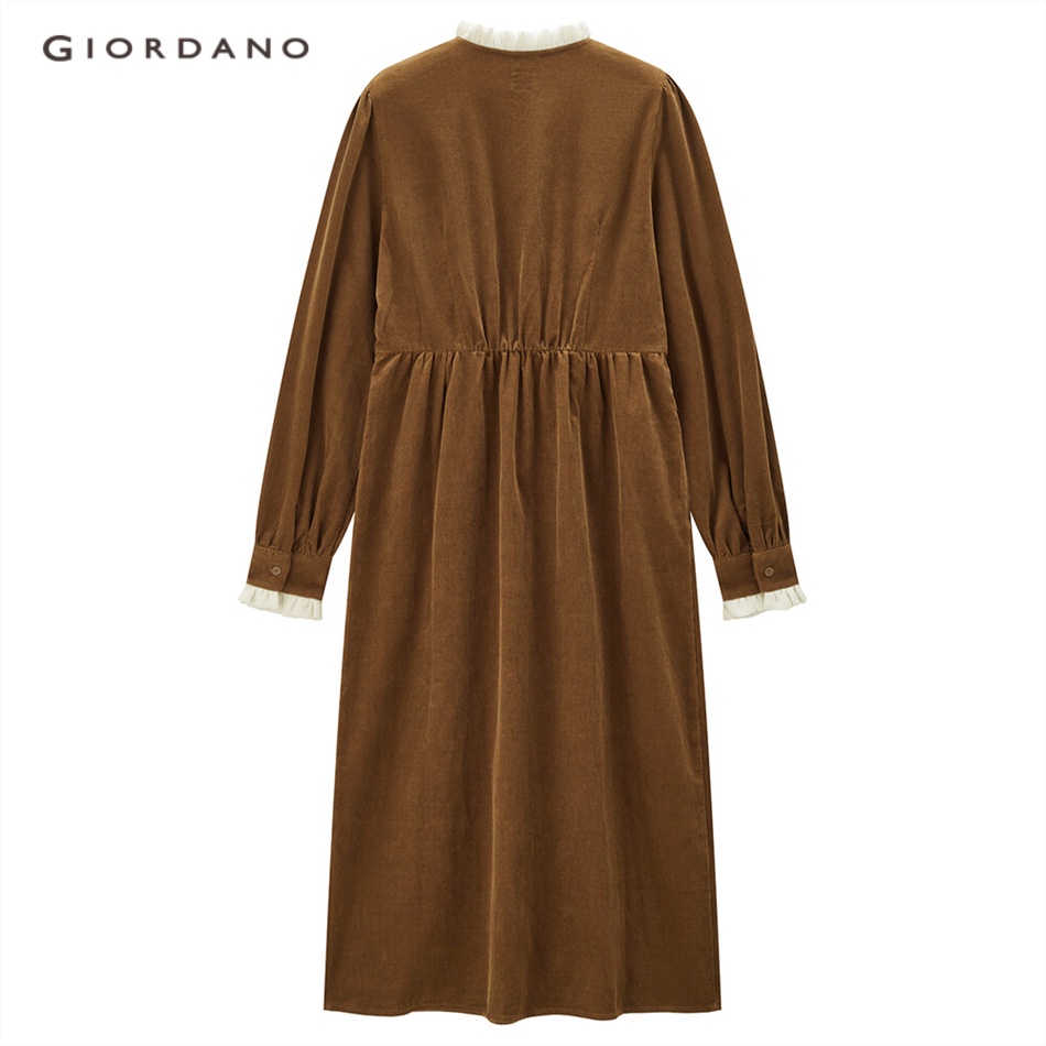 GIORDANO WOMEN Lace trims high neck cotton corduroy dress 05463688