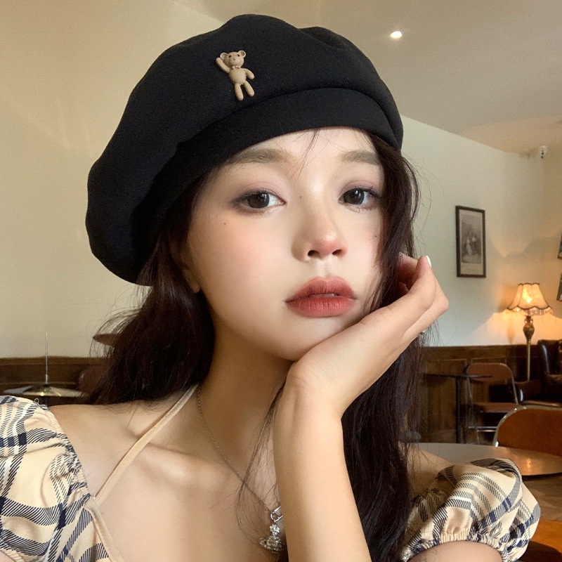 Mũ nồi len màu trơn hình gấu dễ thương thời trang thu đông hàn quốc cá tính cho nữ