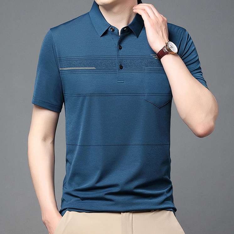 Áo Thun POLO Tay Ngắn Vải Lụa Lạnh Mỏng Dáng Rộng Thoáng Khí In Họa Tiết Kẻ Sọc Thời Trang Cho Nam Trung Niên