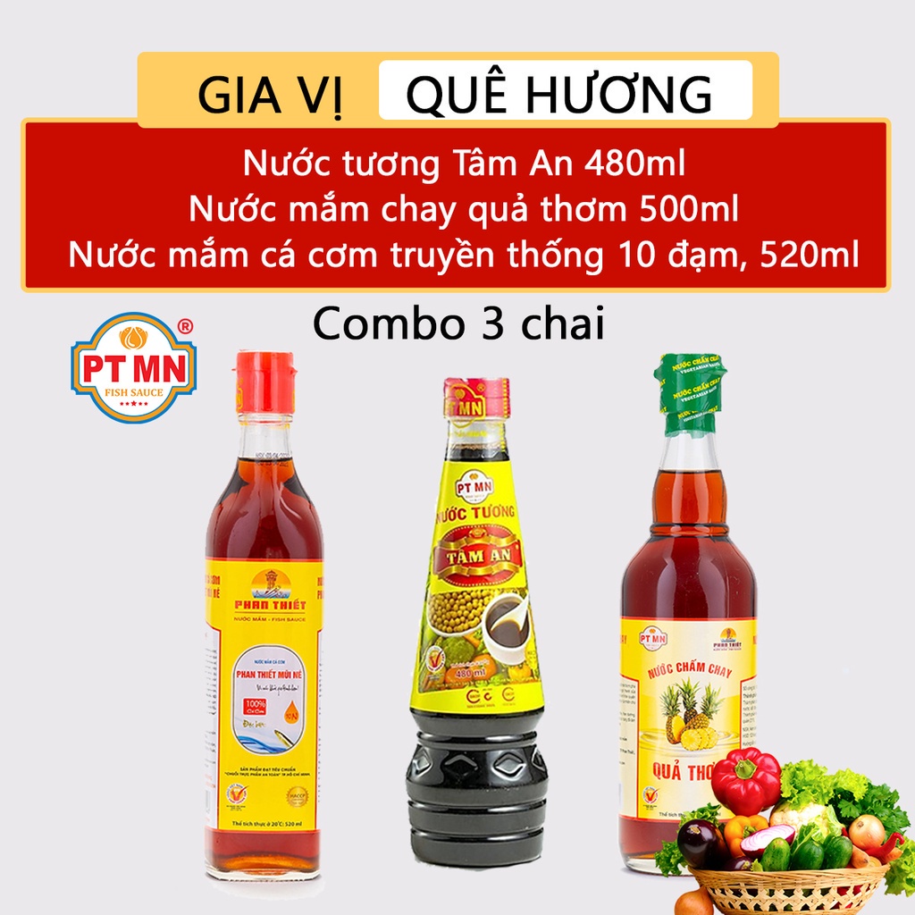 Nước mắm chay quả thơm 500ml, nước tương đậu nành 480ml và mắm cá cơm truyền thống 10 độ đạm 520ml Phan Thiết Mũi Né