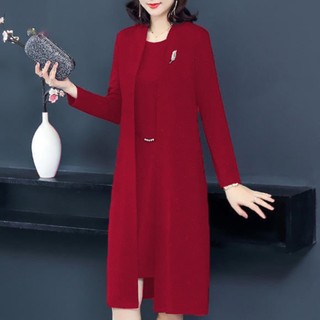 Set Đầm Và Áo Khoác Cardigan Dáng Dài Màu Trơn Cổ Điển Thanh Lịch Cho Phụ Nữ Trung Niên