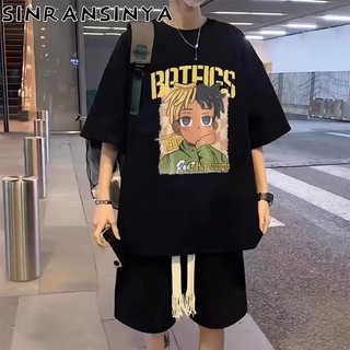 Sinransinya set Áo Thun Ngắn Tay + Quần short Thể Thao In Hình Bánh waffle Phong Cách retro Đường Phố Mỹ Cho Nam