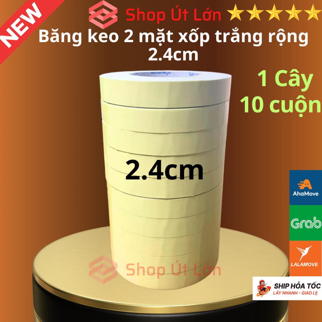 Băng keo 2 mặt xốp trắng, rộng 2,4cm - dầy 3mm - dài 6 mét, lõi giấy 3mm