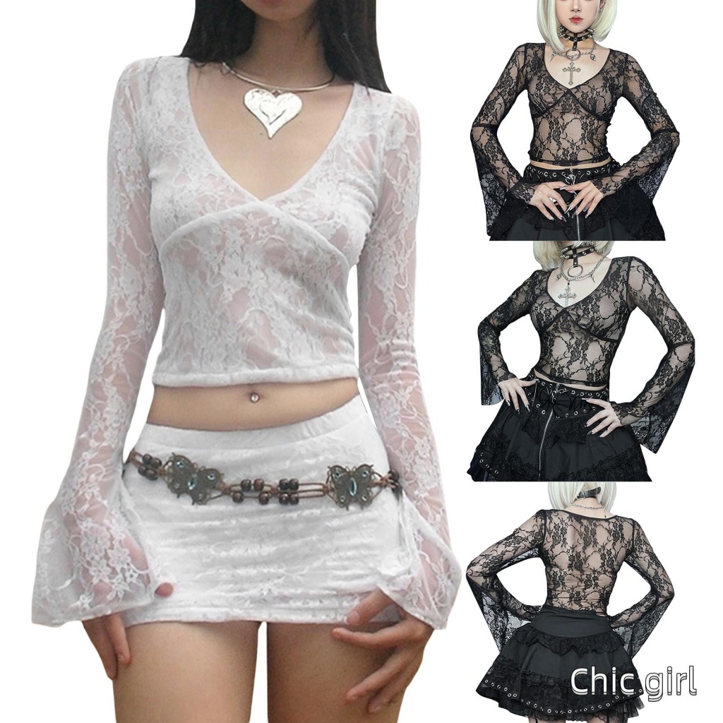 Áo Crop Top Ren Xuyên Thấu Cổ V Dài Tay Thời Trang Nữ