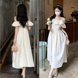 Váy treo trắng một vai Phong cách Hàn Quốc Phong cách tối giản Váy giảm béo eo xù Váy lệch vai