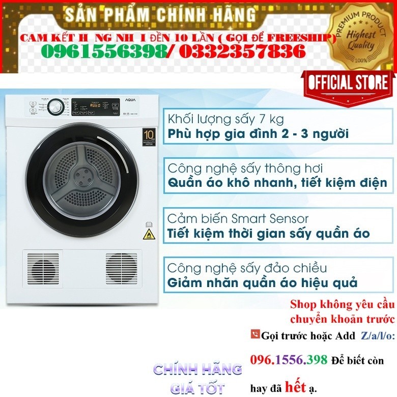 Máy sấy thông hơi Aqua 7 Kg AQH-V700FW 2020 @Sale