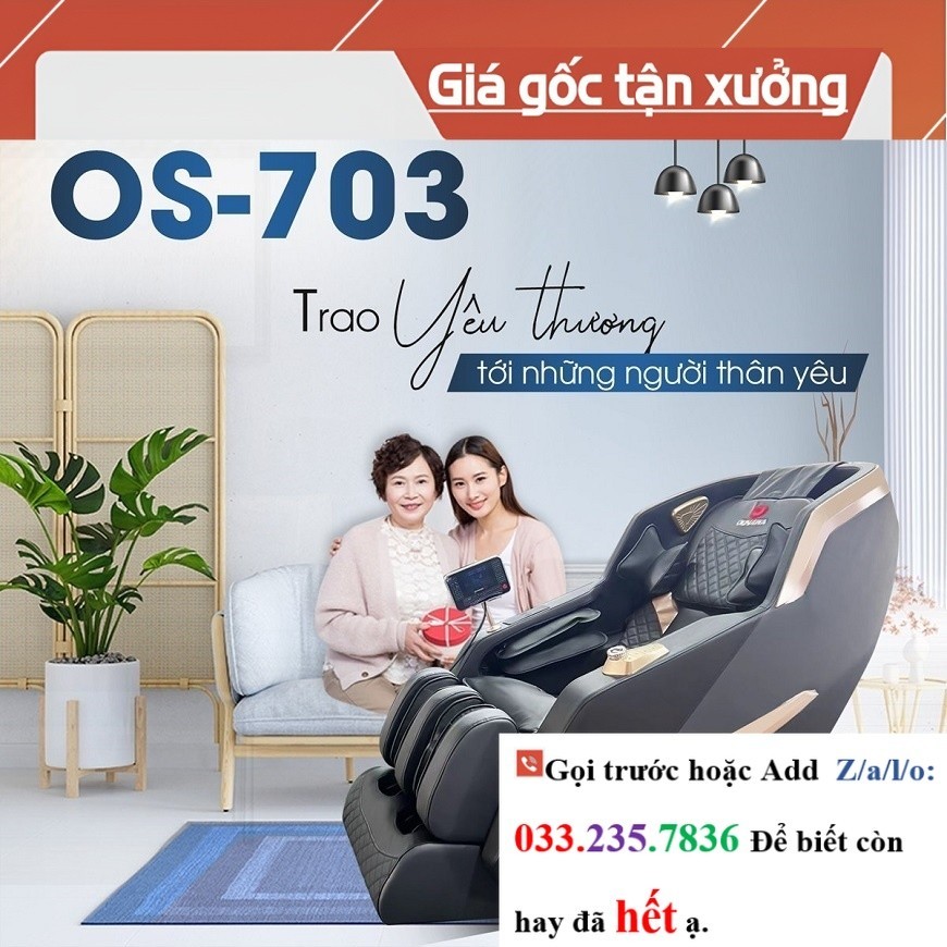 Ghế massage Okinawa Os-703 model 2023, 24 bài tập, con lăn 4D bằng silicon êm ái <<Hãng