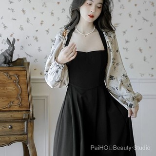 PaiHO❤ Đầm Dài Tay Cổ Vuông Phong Cách retro Pháp Thanh Lịch Cho Nữ Đenváy☆
