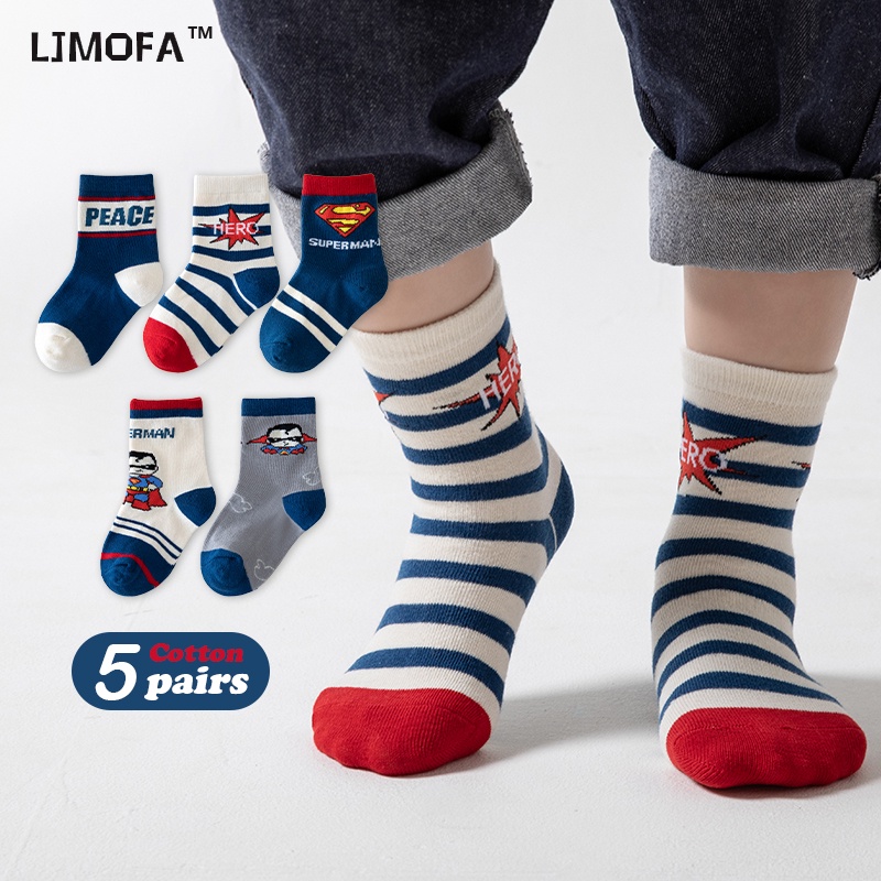 LJMOFA 5 Cặp Vớ cotton Cổ Vừa Họa Tiết Siêu Anh Hùng Hoạt Hình Cho Bé 1-12 Tuổi