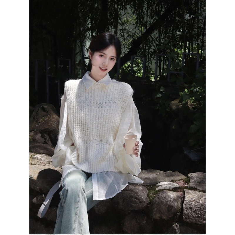 Bộ Áo Sơ Mi Dài Tay + Áo Khoác vest Xinh Xắn Dành Cho Nữ