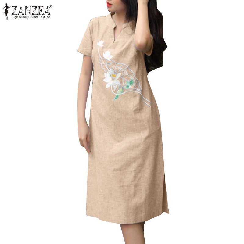 Zanzea Đầm Tay Ngắn Cổ Chữ v Thêu Hoa Phong Cách Hàn Quốc Thời Trang Cho Nữ