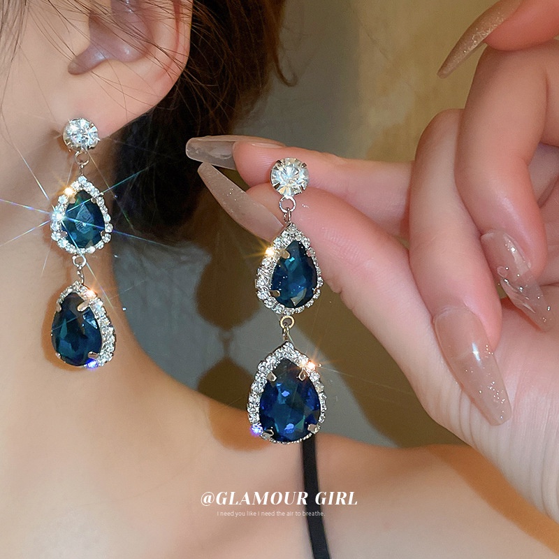 Bộ Dây Chuyền + Bông Tai Mạ Bạc Đính Đá sapphire Hình Giọt Nước Màu Xanh Dương Nhạt Sang Trọng Phong Cách Pháp Cho Nữ