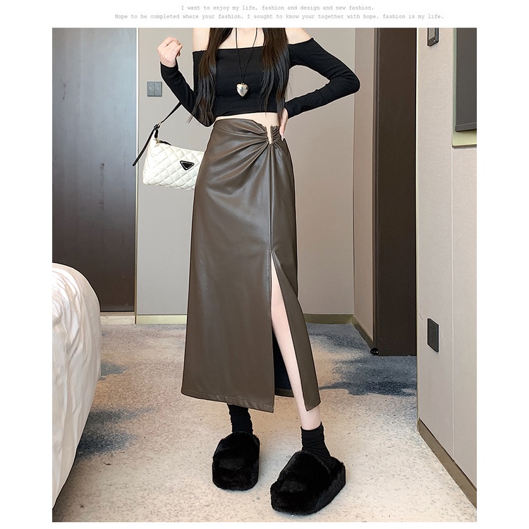 Liasynn Dụng Cụ Đóng Mắt Nằm Đóng ~ Công Cụ Cầm Tay Chân Dài!Chân Váy Da Dáng Chữ a Lưng Cao Xẻ Tà Thời Trang Thu Đông Cho Nữ