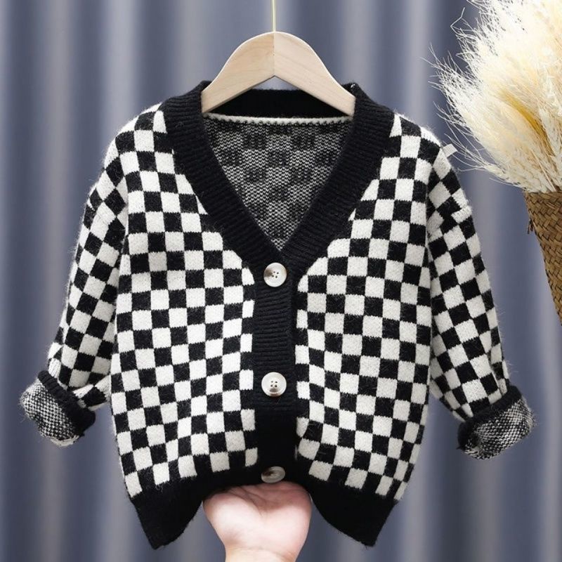 Áo Khoác cardigan Dệt Kim Sọc Ca Rô Đen Trắng Thời Trang Xuân Thu Cá Tính Dành Cho Bé