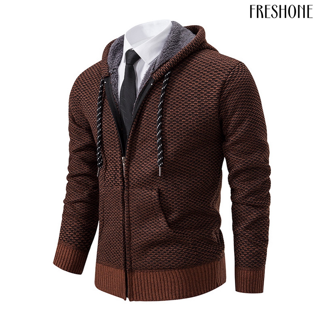 Áo Khoác Len cardigan Dệt Kim Có Mũ Trùm Đầu Dây Rút Tay Dài Lót Lông Có Khóa Kéo Mặc Thường Ngày Thời Trang Thu Đông Cho Nam